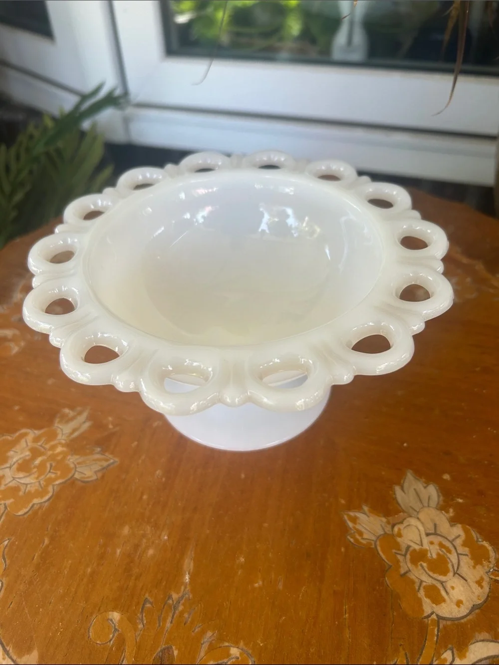 Vintage White MilkGlass Pedestal Bowl with Scalloped Loop Edge